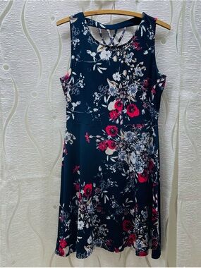 San Francisco Floral Fit Flare Dress Womens Size M Navy Blue Strappy Back